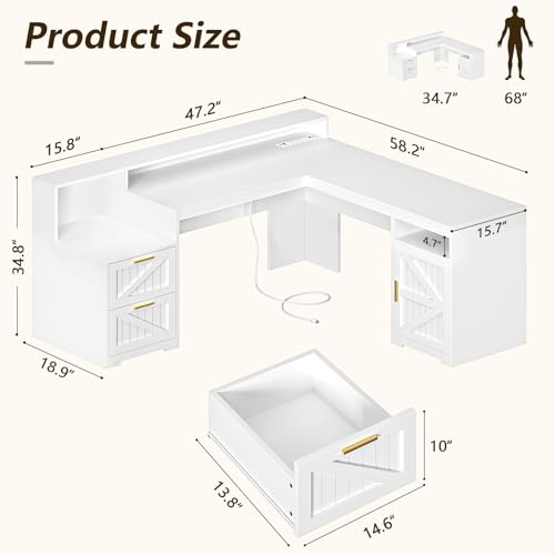 63" L Shaped Executive Desk with Drawers & Storage Shelf, Antique White M148071