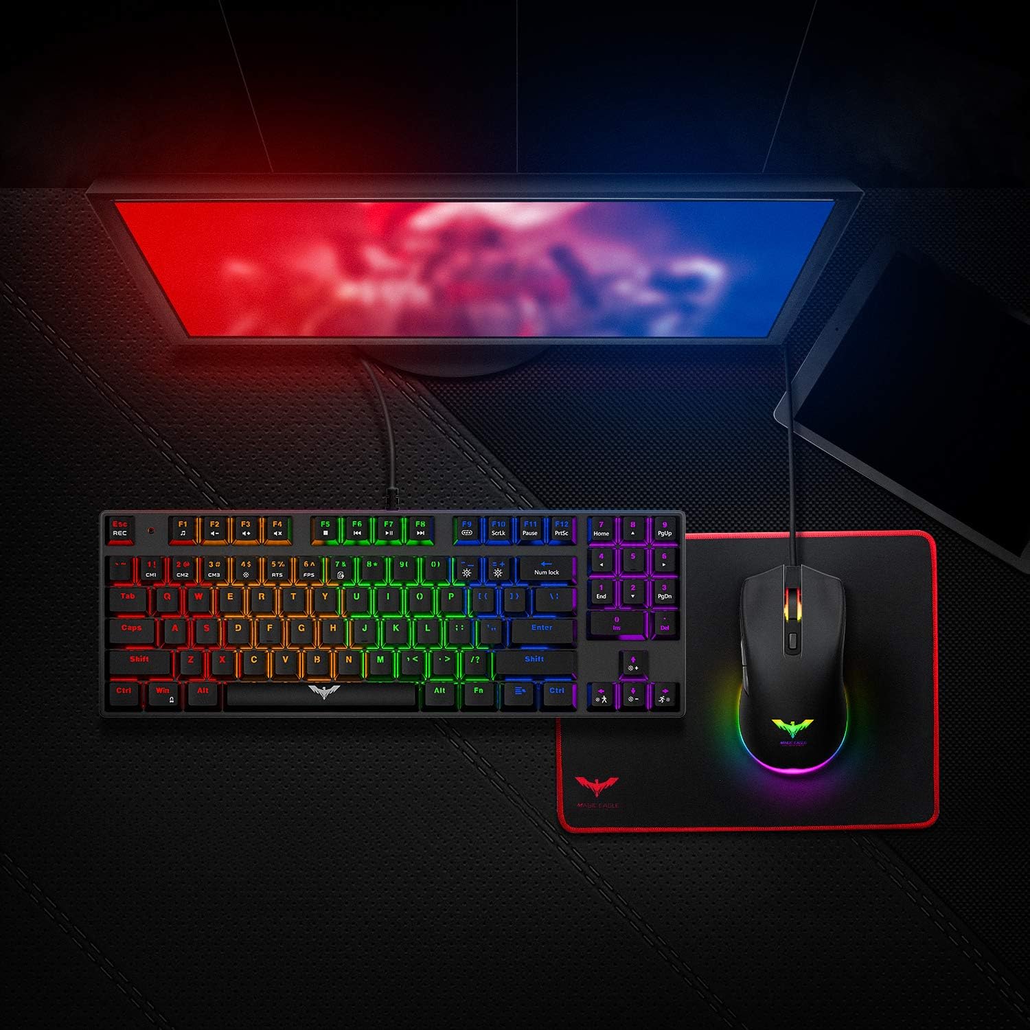 89 Keys Wired Backlit Gaming Keyboard Red Switch with 4800 DPI 6 Button Mouse and Mouse Pad Pack of 2 O8024
