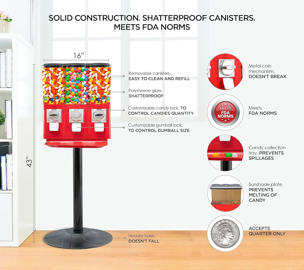 Triple Candy Vending Machine with 3 Removable Canisters and Quarter Coin Operated Anti-Theft Lock O318777