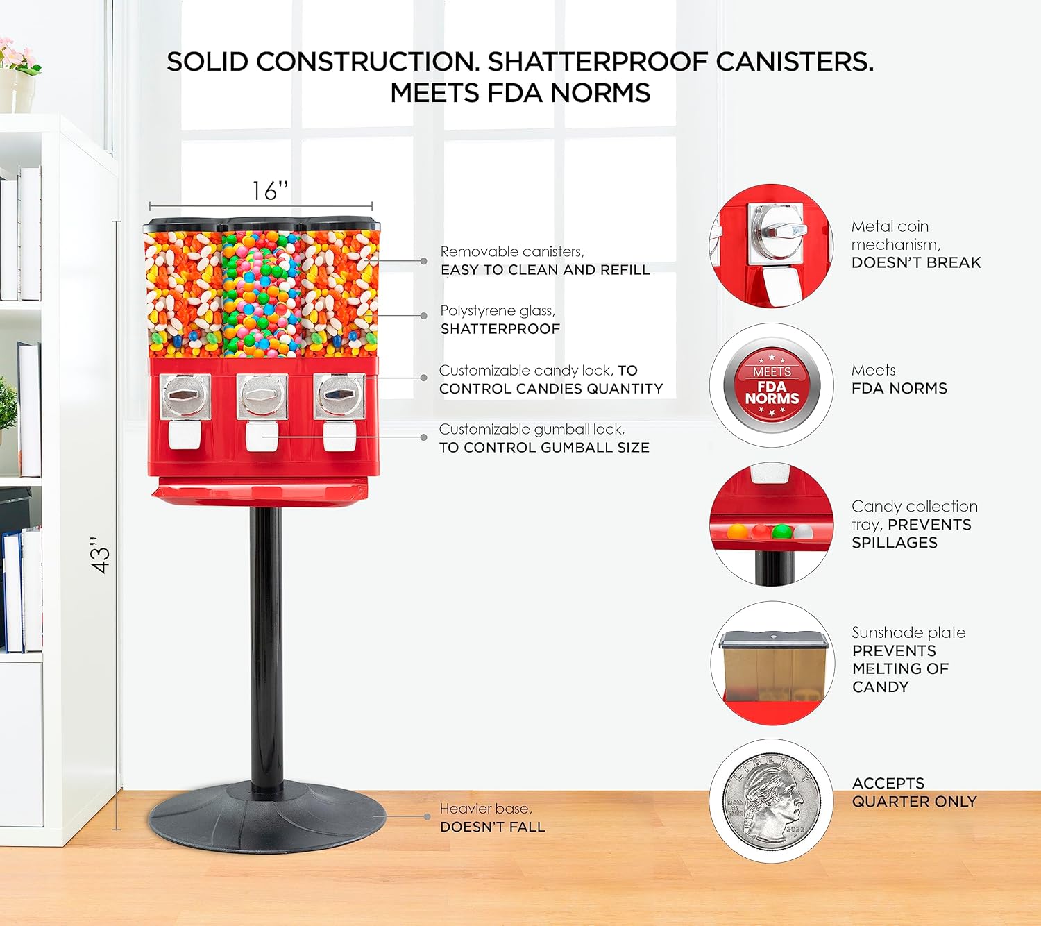 Triple Candy Vending Machine with 3 Removable Canisters and Quarter Coin Operated Anti-Theft Lock O318777