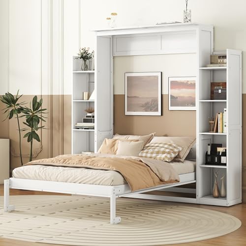 Queen Size Wood Murphy Bed with Shelves and LED Lights, Grey L70062