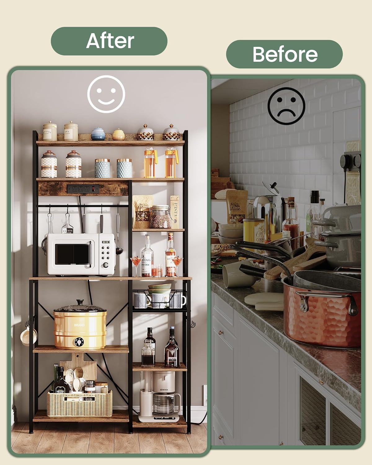 Rustic Brown and Black Floor Standing Bakers Rack with Power Outlet K65910