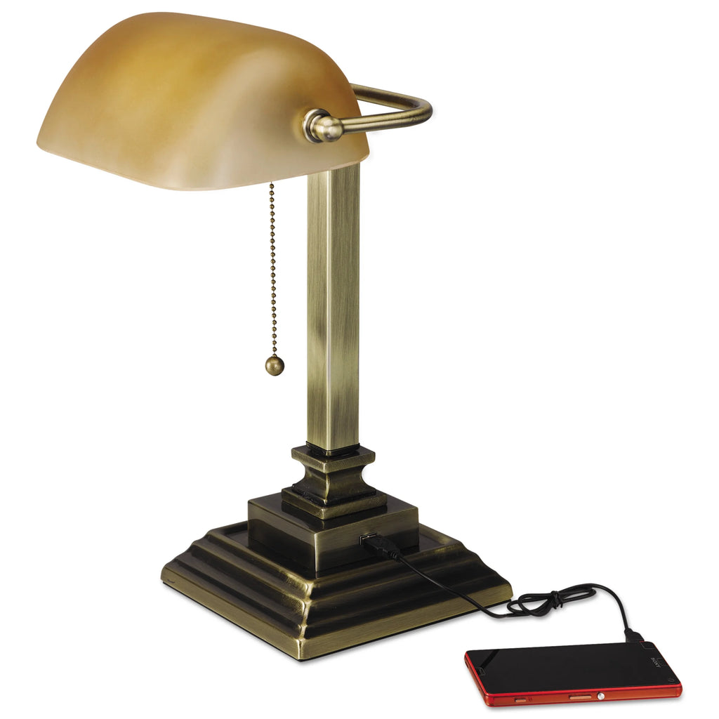 Antique Brass Banker's Lamp with USB F84923