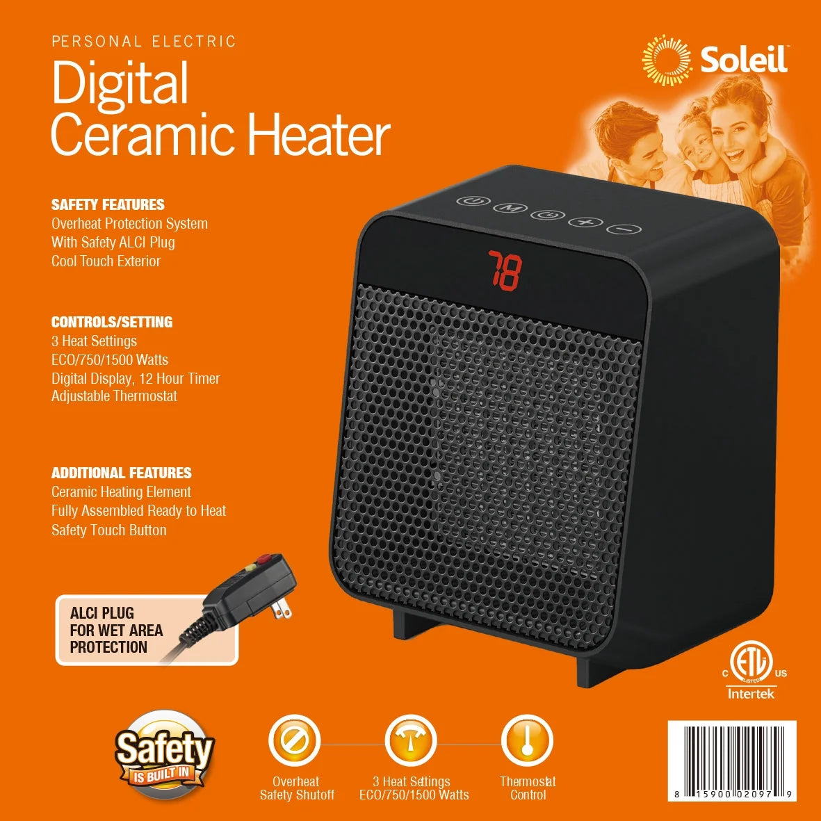 Electric Digital Ceramic Heater 1500W Black D957707