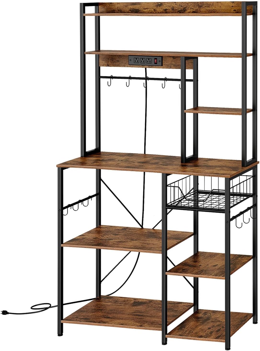 Rustic Brown and Black Floor Standing Bakers Rack with Power Outlet K65910