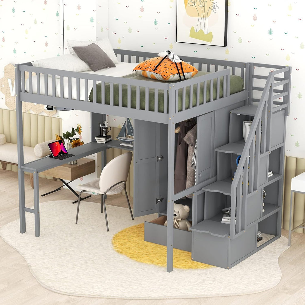 Gray Solid Wood Loft Bed with Stairs Desk Bookshelf Storage Drawers Wardrobe O72796