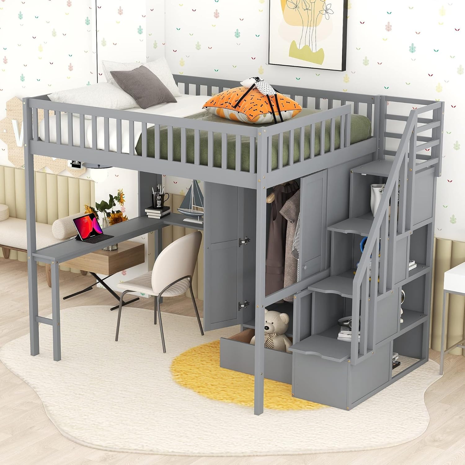 Gray Solid Wood Loft Bed with Stairs Desk Bookshelf Storage Drawers Wardrobe O72796