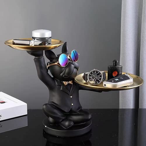 Resin French Bulldog Sculpture with 2 Metal Trays Q5747