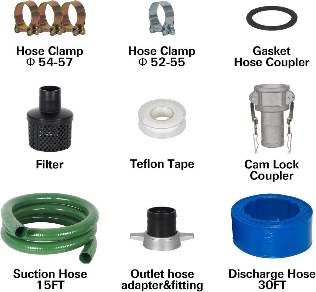 2 inch 158 GPM 7HP Gas Powered Water Transfer Pump with Water Hose Kit I94935