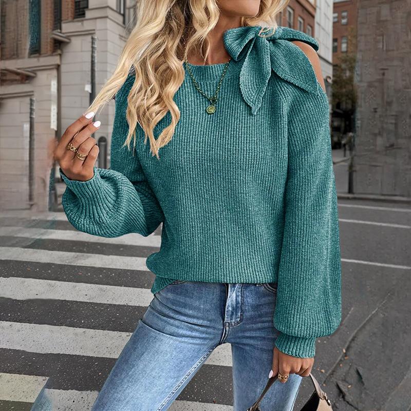 Women's Bow Shoulder Cut Out Sweater, Long Sleeve Cozy Knit Pullover