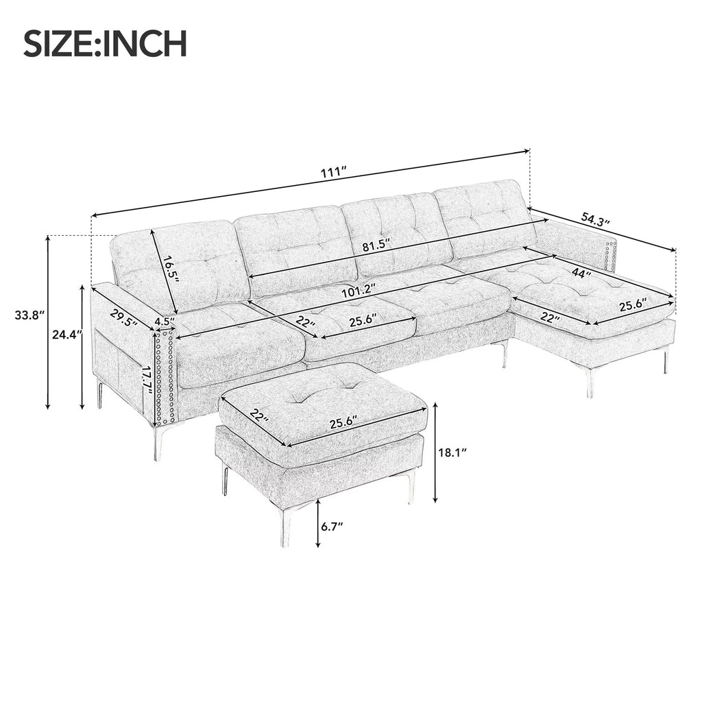 Gray 5 Seater U-Shaped Sectional Sofa with Ottoman, 110"x54" Q2776