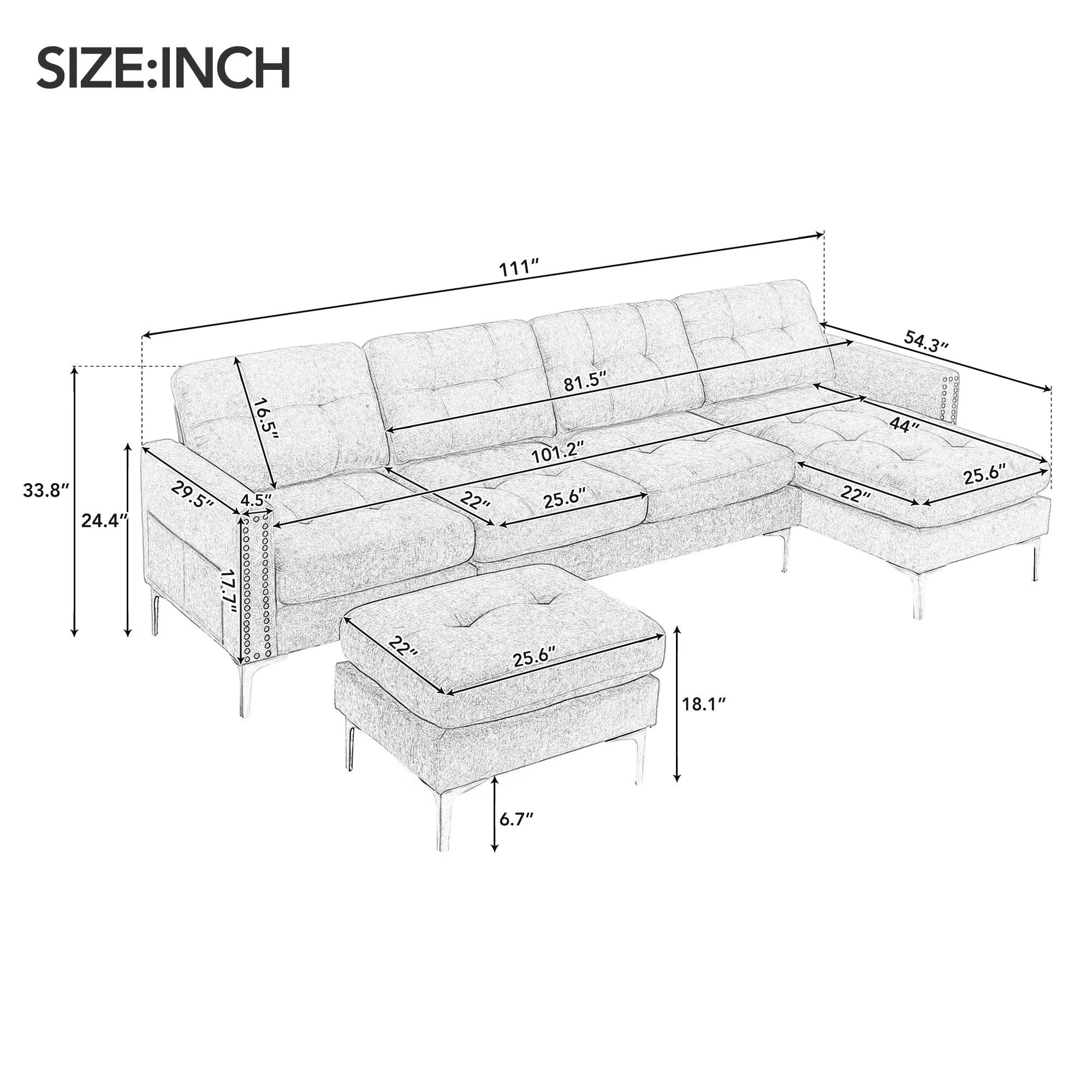 Gray 5 Seater U-Shaped Sectional Sofa with Ottoman, 110"x54" Q2776