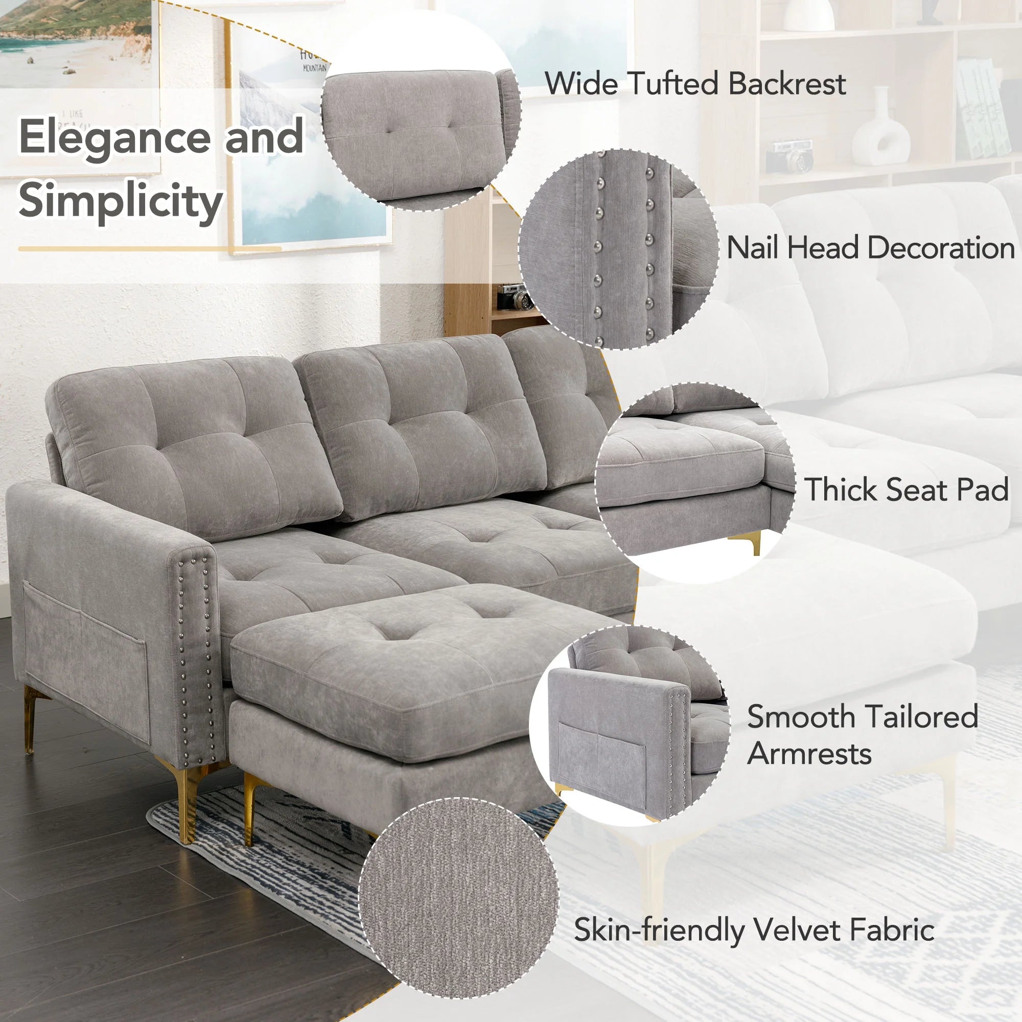 Gray 5 Seater U-Shaped Sectional Sofa with Ottoman, 110"x54" Q2776
