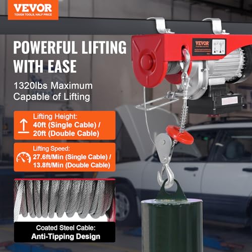 2200 lbs 1600W 110V Electric Steel Wire Winch with Wireless Remote Control 40ft Single Cable Lifting Height O205536