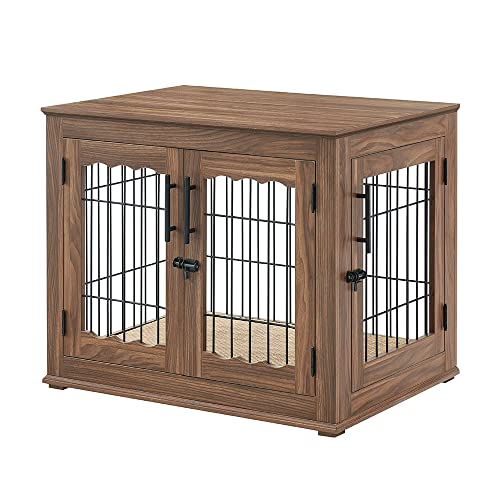 Double Doors Wooden Wire Dog Crate with Pet Bed Y73705