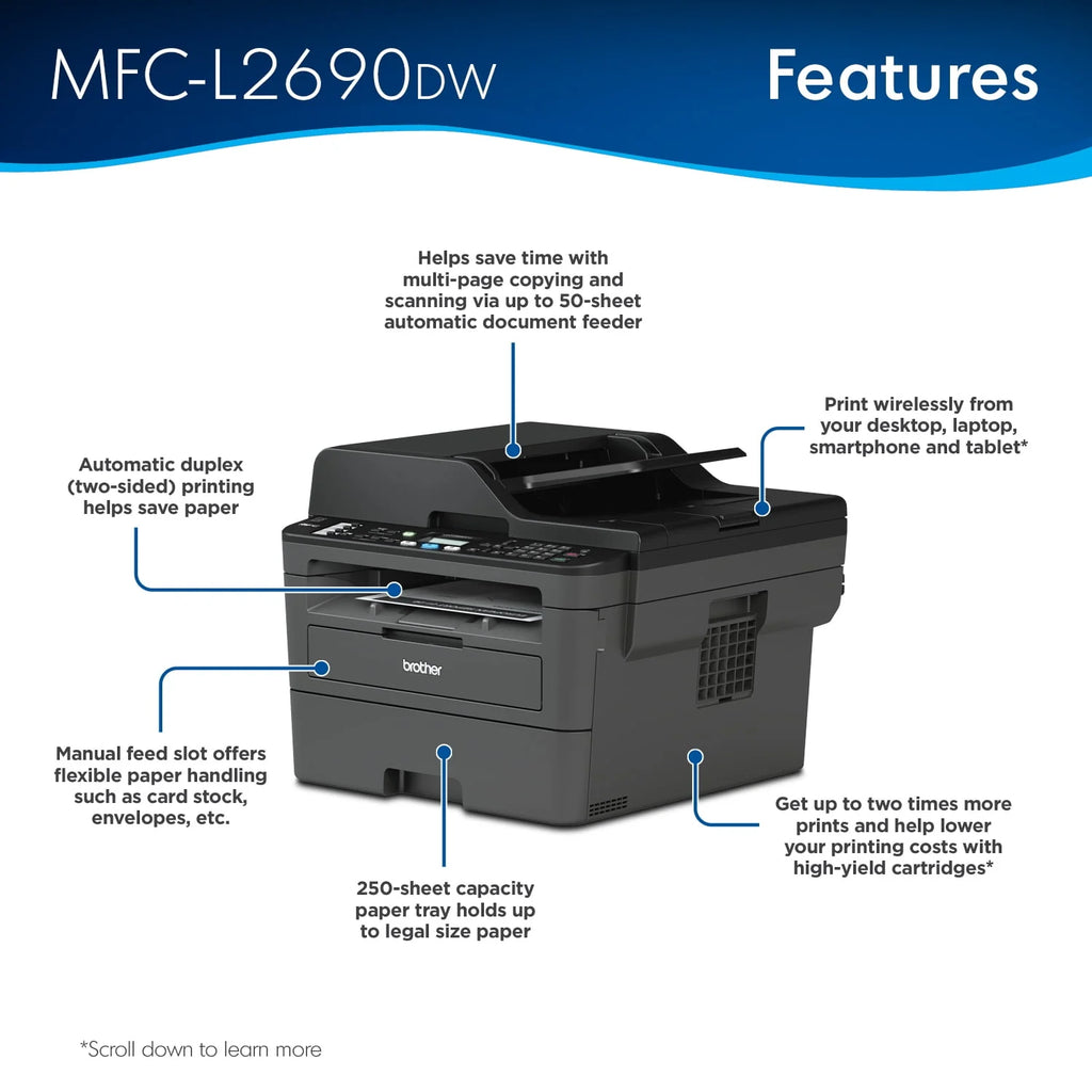 Monochrome Laser All-in-One Printer with Duplex Printing and Wireless Connectivity B108