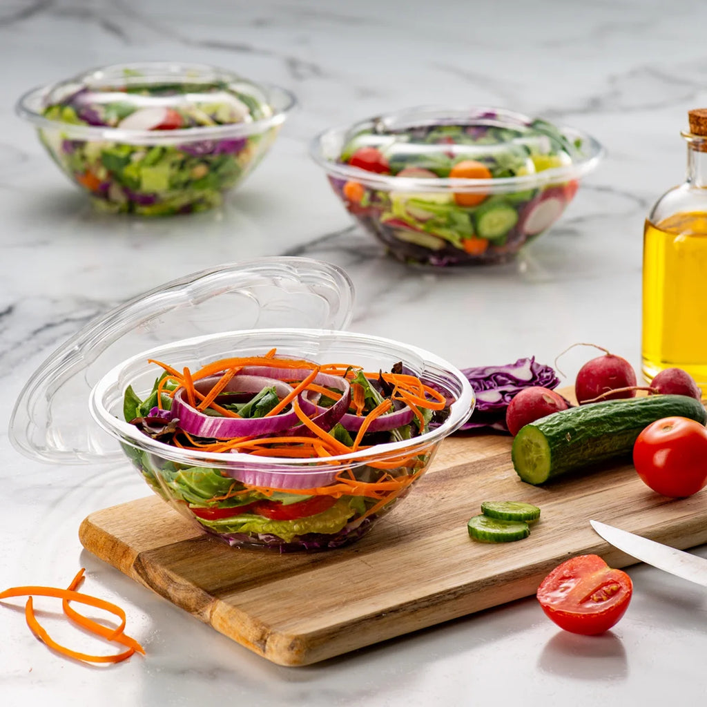 24 Oz Disposable Plastic Salad Bowls with Lids, 50-Pack H3247