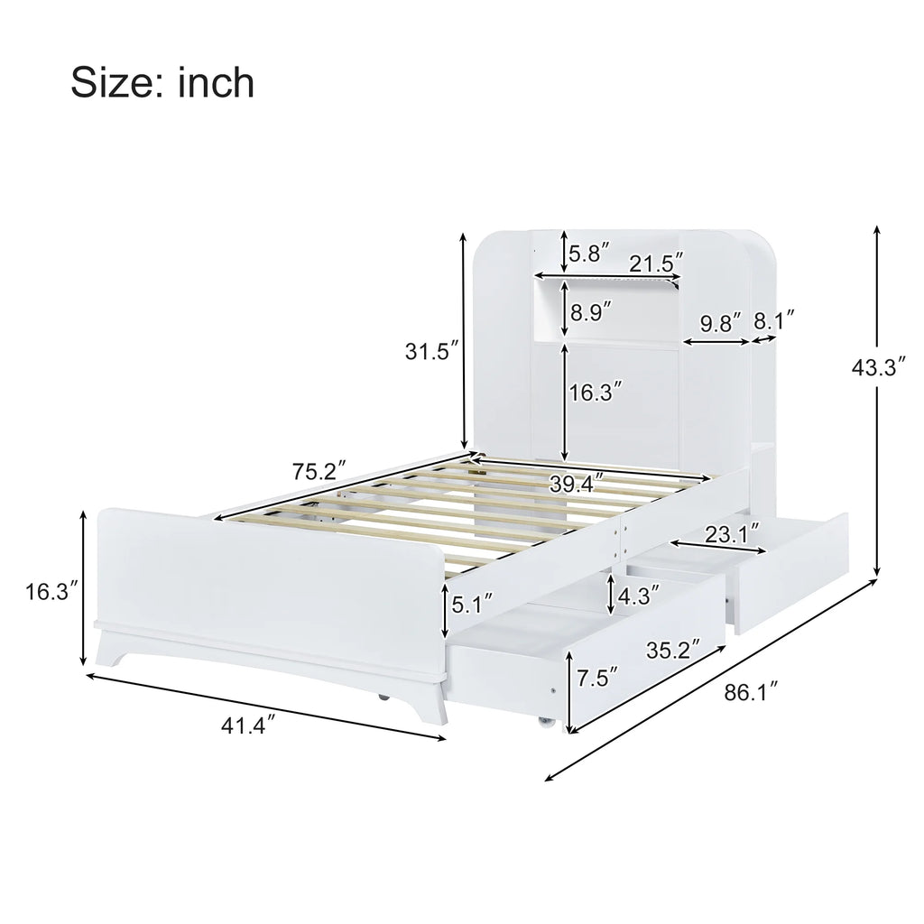 White Wood Twin Size Platform Bed with Storage Headboard and 2 Drawers B9876