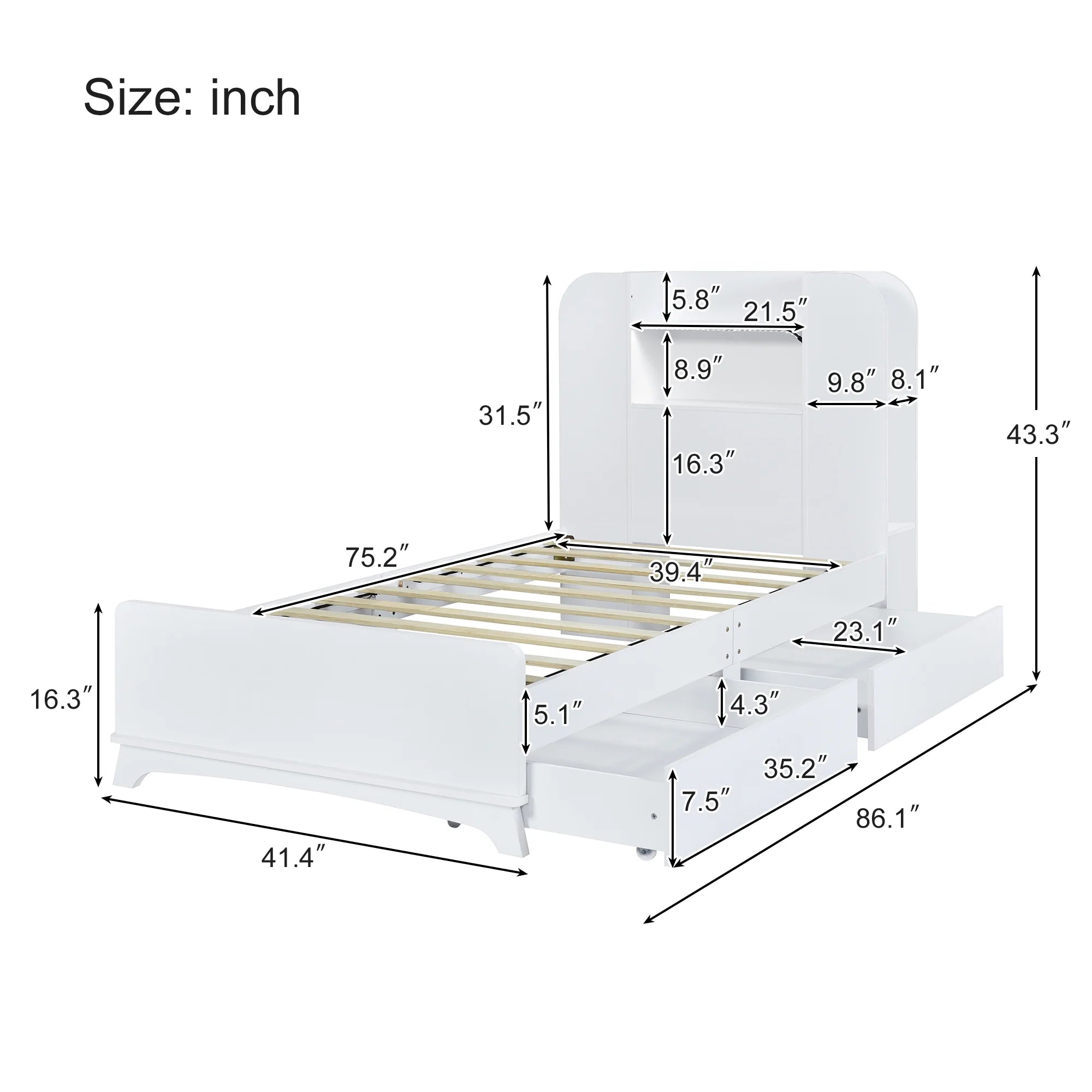 White Wood Twin Size Platform Bed with Storage Headboard and 2 Drawers B9876