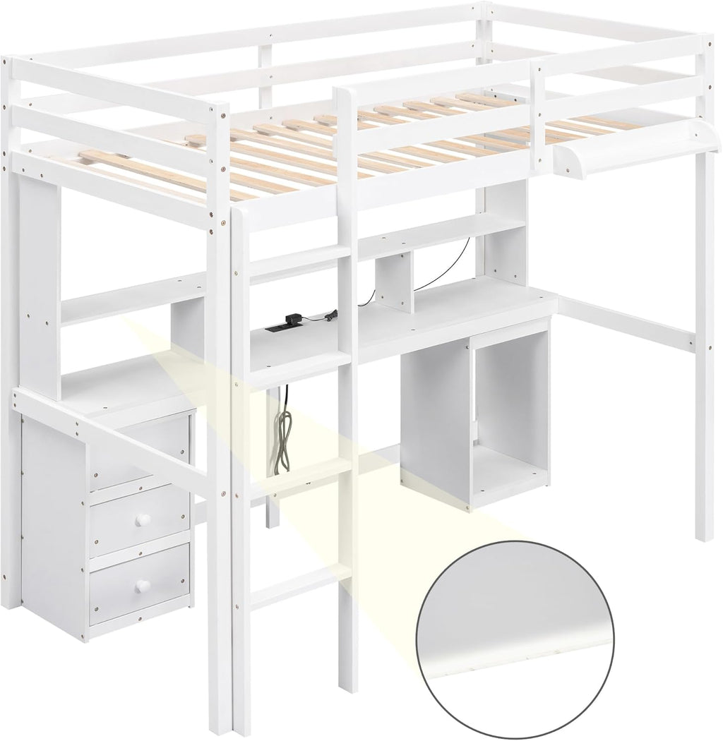 White Full Size Loft Bed with Multi-Storage Desk, LED Light, Bedside Tray, Charging Station, and 3 Drawers X664540