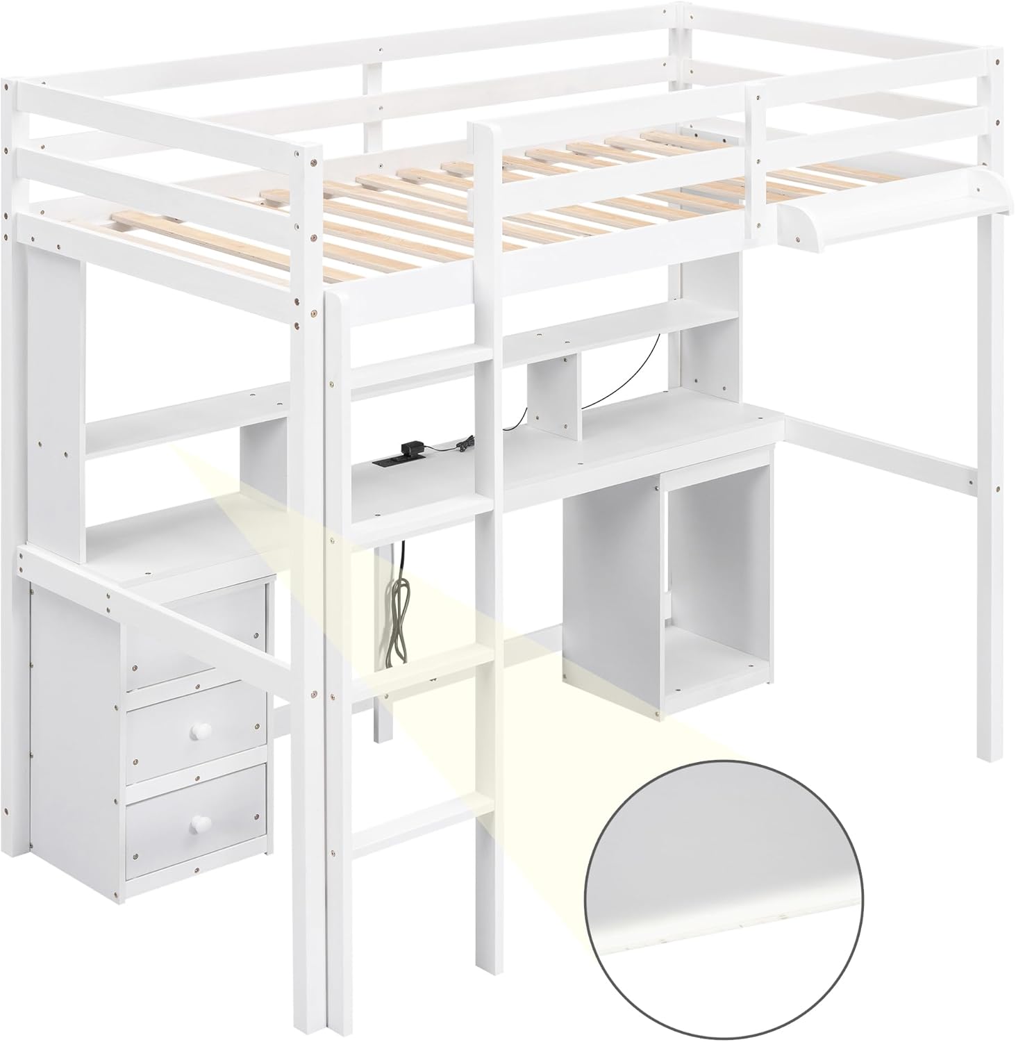 White Full Size Loft Bed with Multi-Storage Desk, LED Light, Bedside Tray, Charging Station, and 3 Drawers X664540