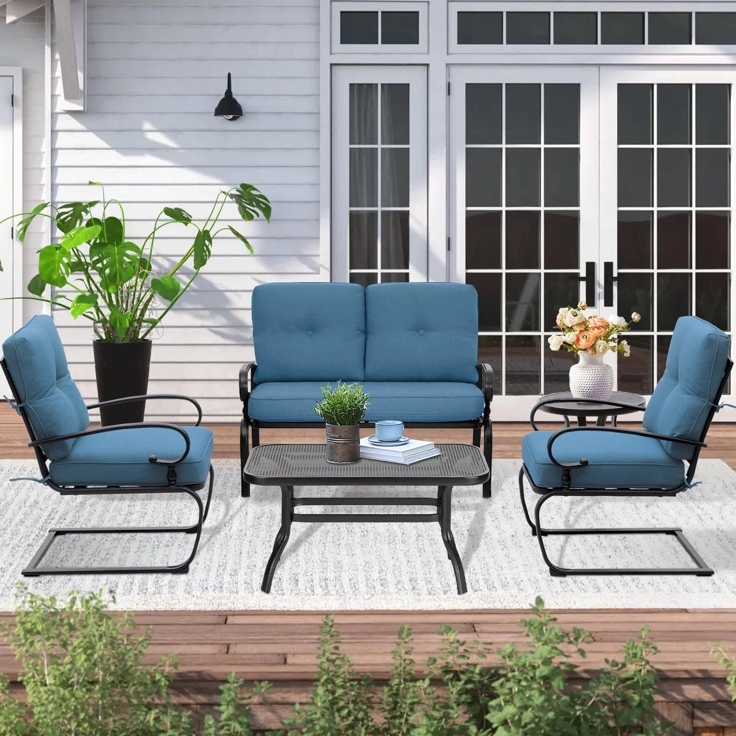 5-Piece Peacock Blue Outdoor Patio Metal Conversation Set with Tables X428