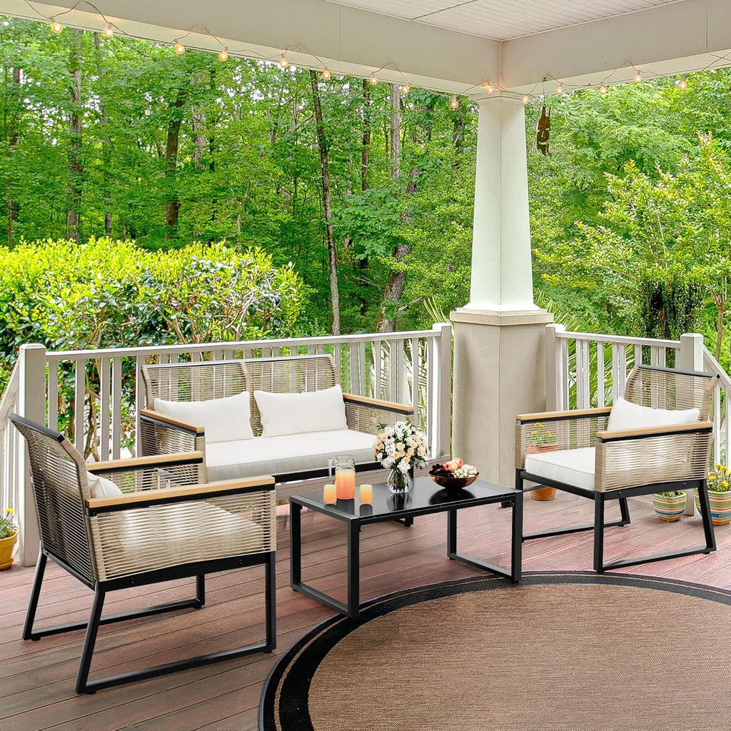 4-Piece All Weather Rattan Conversation Loveseat with Gray Cushions and Metal Coffee Table Y69445