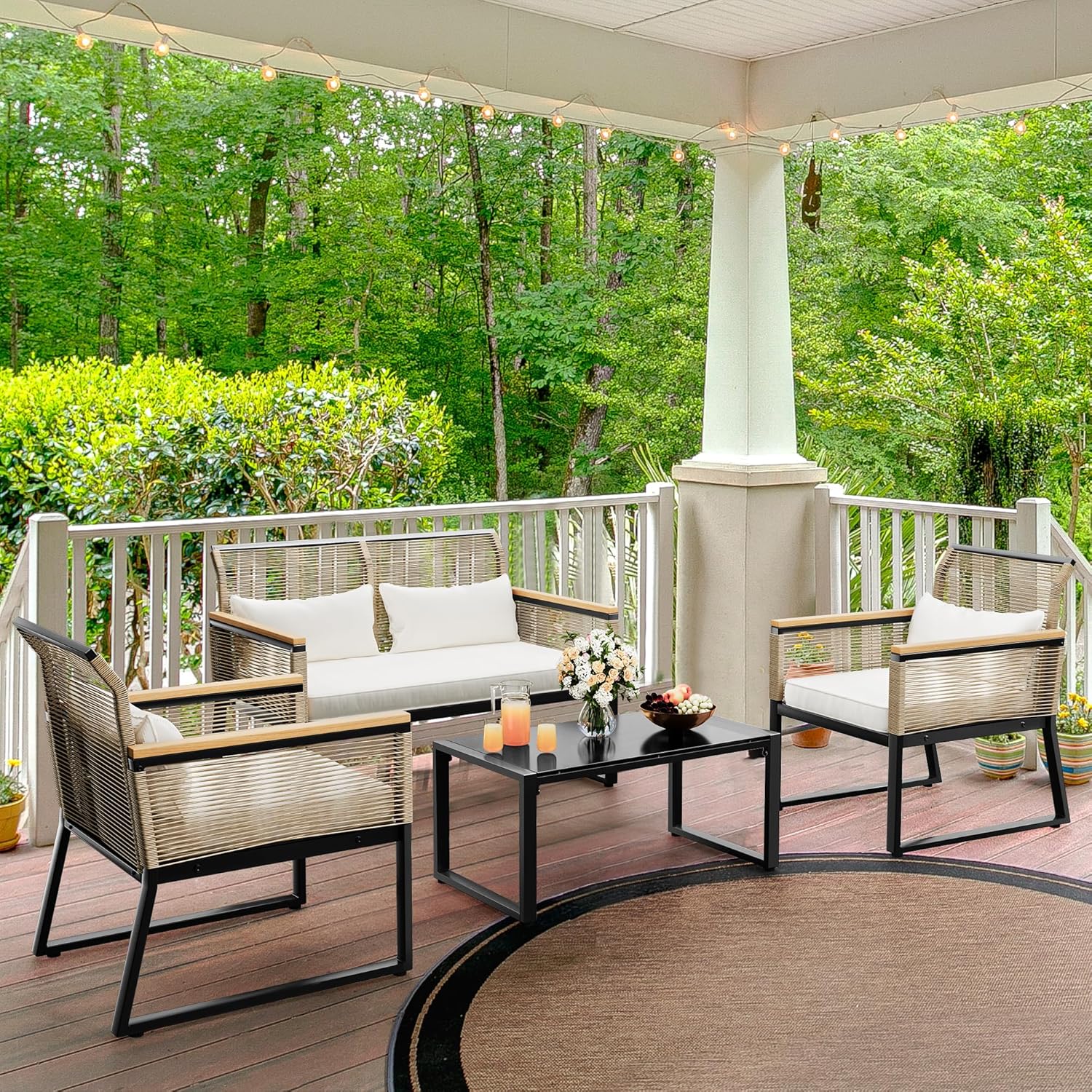 4-Piece All Weather Rattan Conversation Loveseat with Gray Cushions and Metal Coffee Table Y69445