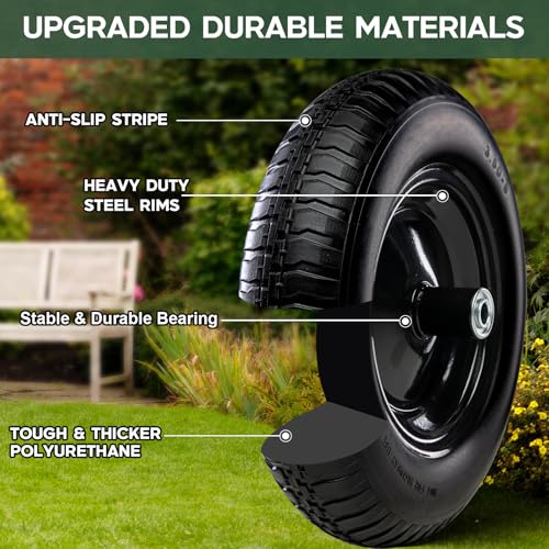 14 Inch 2 PCS Solid Flat Free Replacement Tires and Wheels 3.50-8 with 5/8'' Bearing D2407