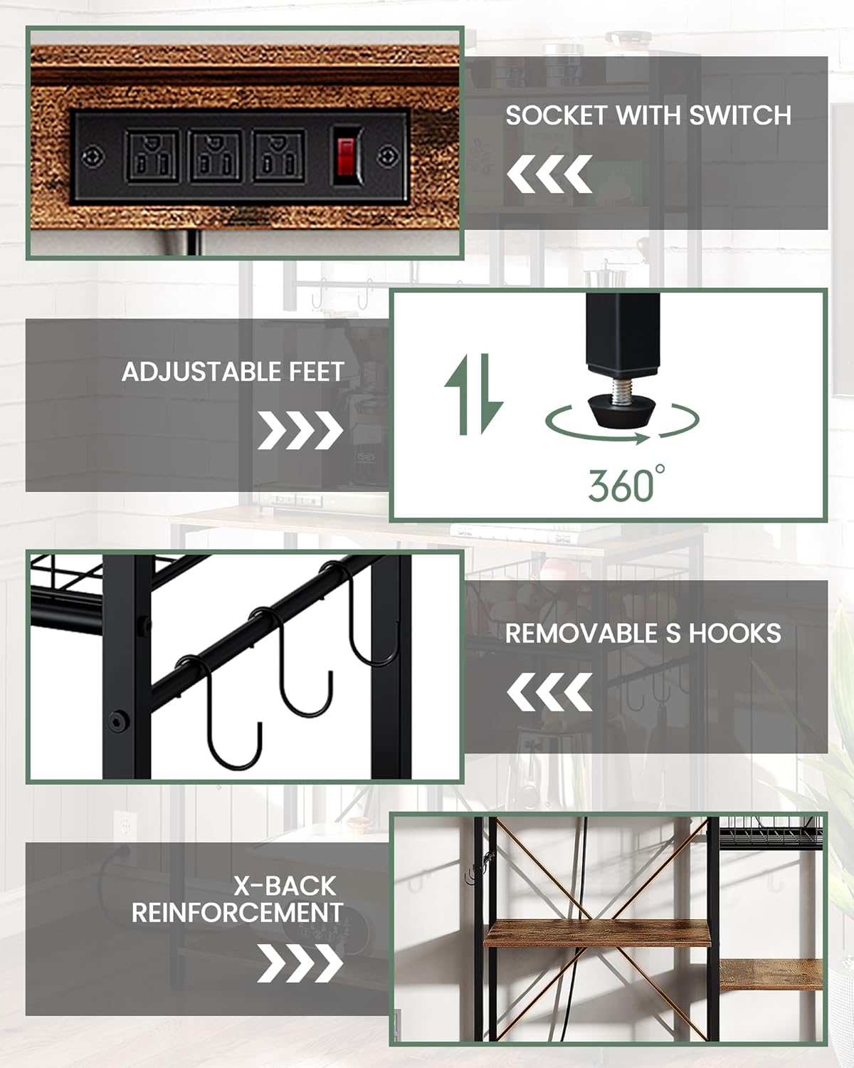 Rustic Brown and Black Floor Standing Bakers Rack with Power Outlet K65910