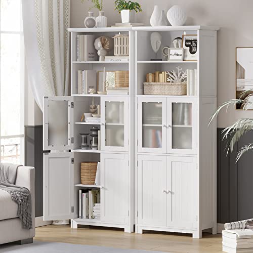White Tall Bathroom Storage Cabinet with 2 Open Compartments and 2 Cabinets with Doors A5573