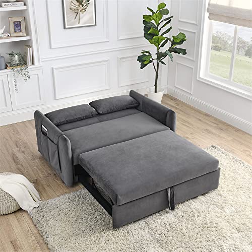 Blue Velvet Convertible Sleeper Sofa Bed with 2 Pillows W57899