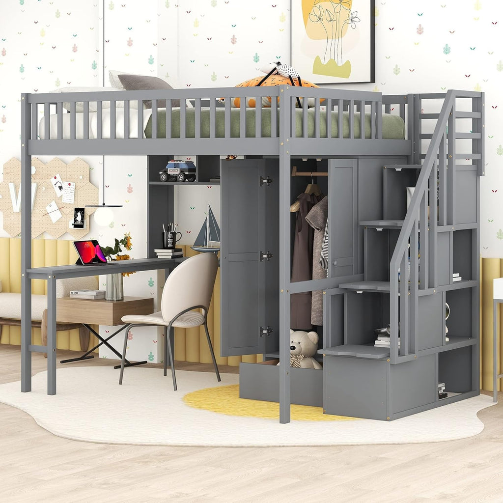 Gray Solid Wood Loft Bed with Stairs Desk Bookshelf Storage Drawers Wardrobe O72796
