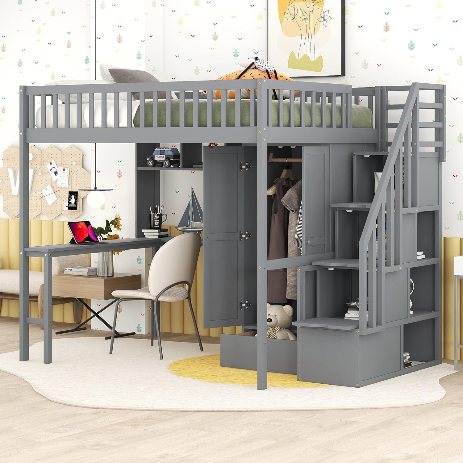 Gray Solid Wood Loft Bed with Stairs Desk Bookshelf Storage Drawers Wardrobe O72796