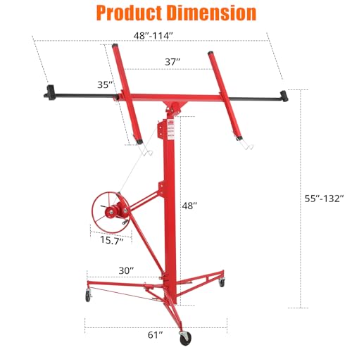 Red Drywall Lift 11FT 150LBS with 3 Lockable Wheels F5621