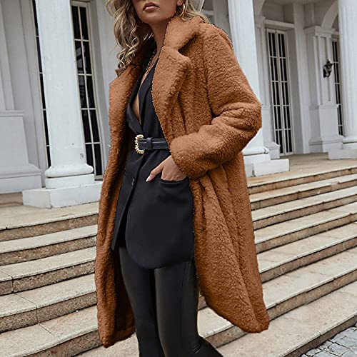 Womens Fuzzy Fleece Lapel Long Cardigan Faux Fur Warm Open Front Jackets Soft Sherpa Teddy Coat T386074