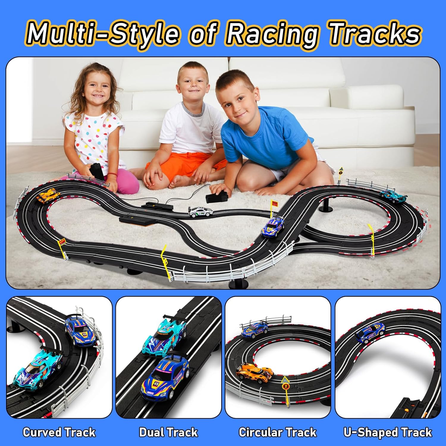 4 High-Speed Slot Cars Race Track Set with 2 Hand Controllers L382