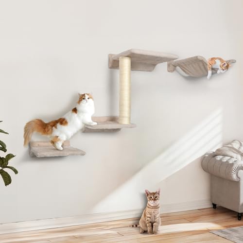 5 Pcs Wall-Mounted Cat Shelves with Sisal Scratcher Post H9401