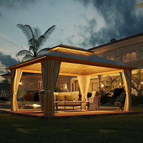 10' x 12' Hardtop Gazebo with Galvanized Steel Double Roof, Aluminum Frame, Netting and Curtains P431