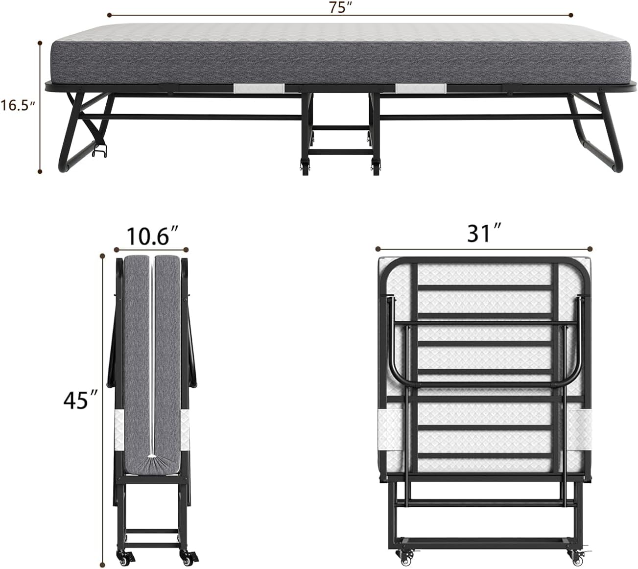 Folding Bed with Memory Foam Mattress on Wheels Z537