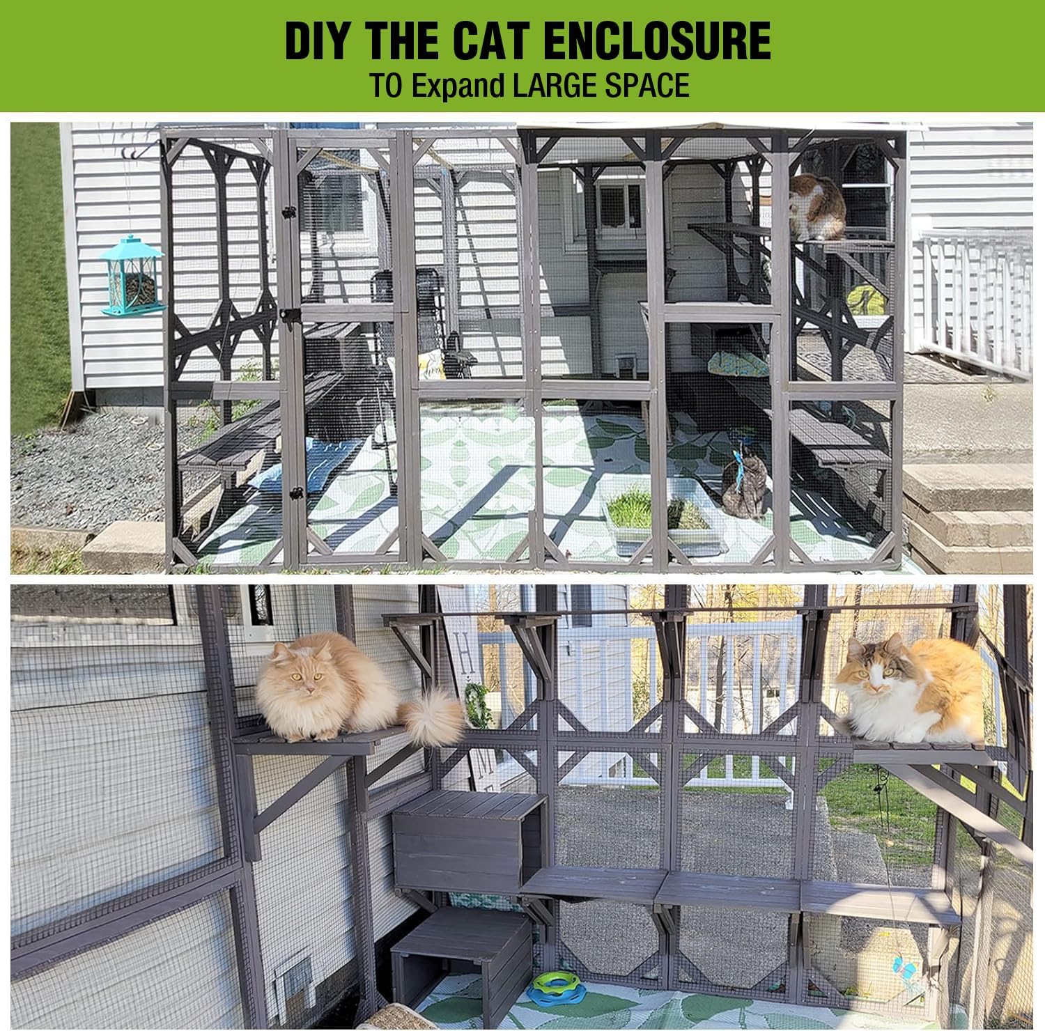 Large Cat House Outdoor Cat Enclosure with Door, Platform & Small House Z905162
