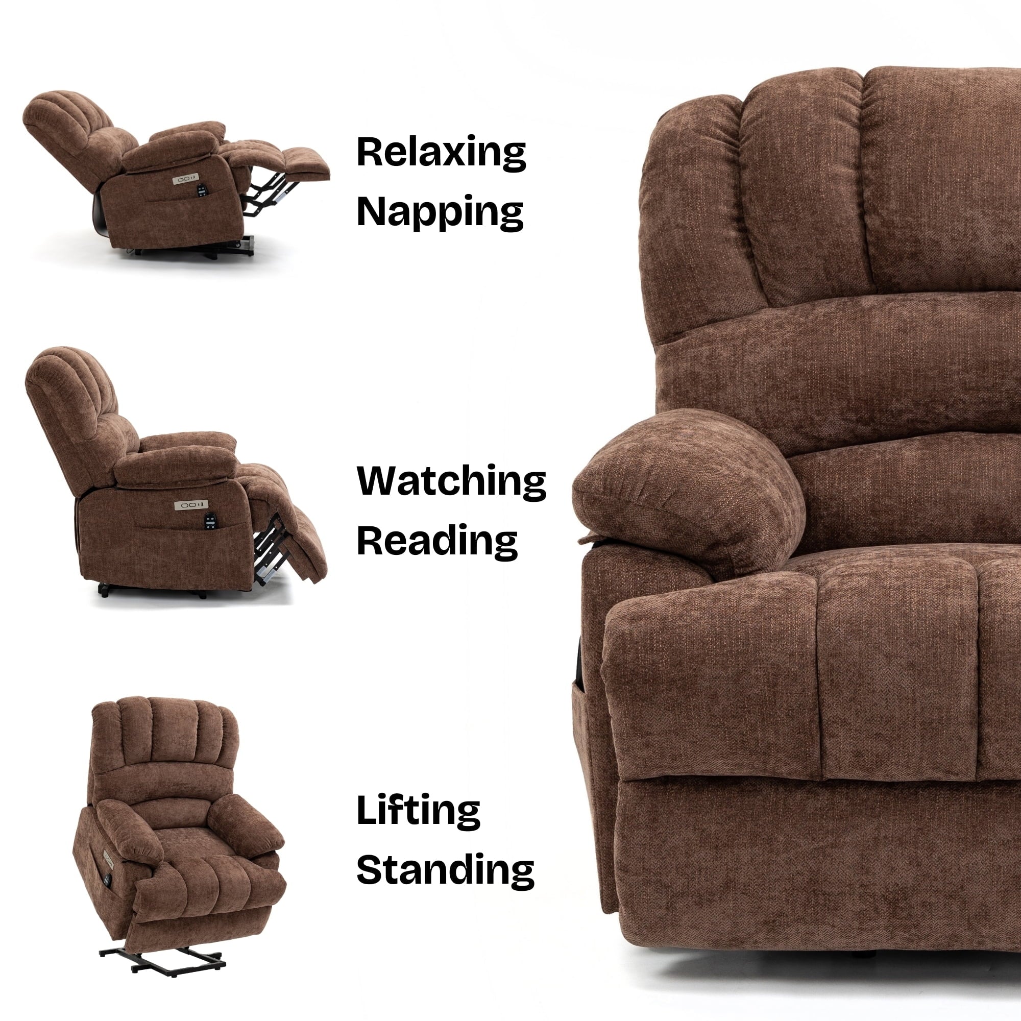 Brown Chenille Power Lift Recliner Chair with Massage and USB Port Y77143