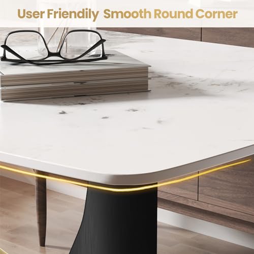 63" White Marble Sintered Stone Top Rectangle Dining Table with Black Carbon Steel Pedestal C776