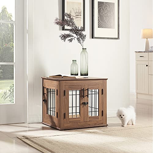 Double Doors Wooden Wire Dog Crate with Pet Bed Y73705