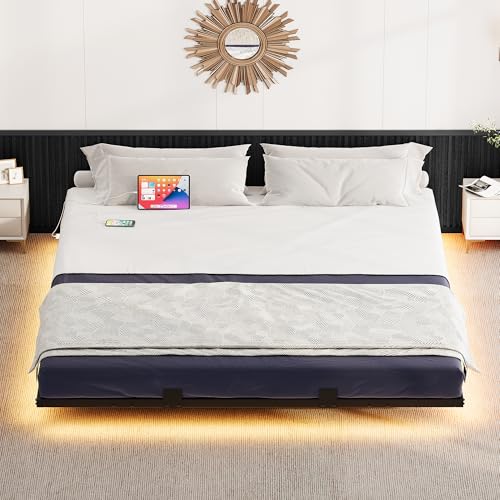 Black Metal Full Size LED Bed Frame with Charging Station S4471