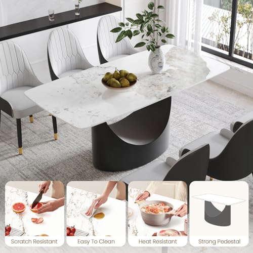63" White Marble Sintered Stone Top Rectangle Dining Table with Black Carbon Steel Pedestal C776