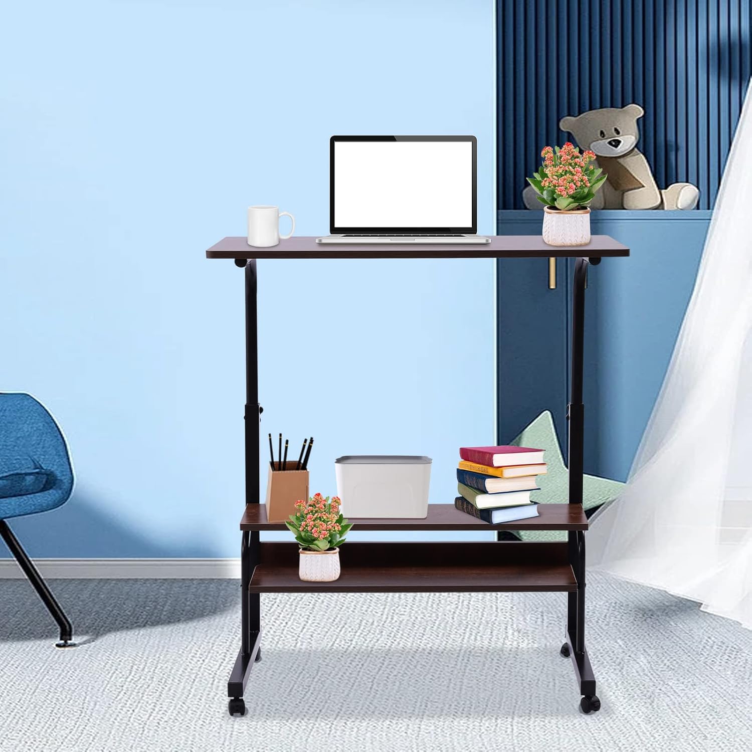 2-Layer Height Adjustable Mobile Laptop Desk Cart with Wheels X161004