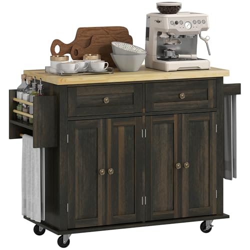 Navy Blue Kitchen Island on Wheels with Rubberwood Top Y70337