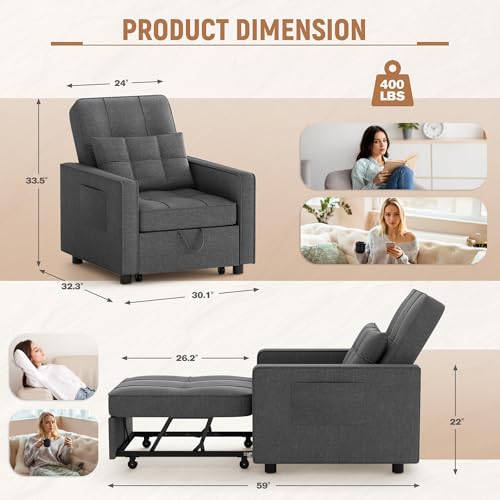 Dark Grey Linen Convertible Sofa Bed F643164