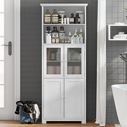 White Tall Bathroom Storage Cabinet with 2 Open Compartments and 2 Cabinets with Doors A5573